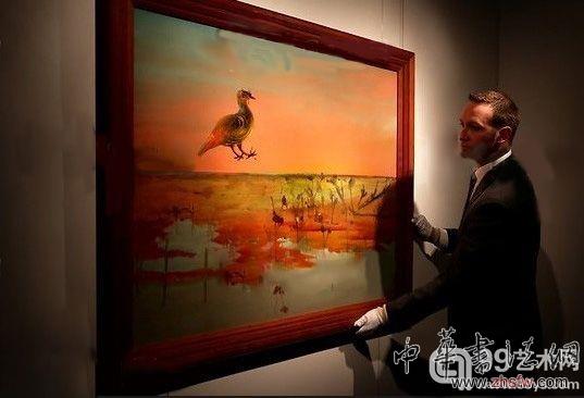 图为澳大利亚画家西德尼·诺兰(SidneyNolan)的大型画作《沙漠之鸟》(DesertBird)。